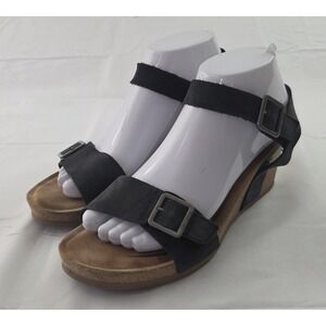 Aetrex Lexa Sandals Womens 8.5 Black Leather Wedge Lagenlook Boho Minimalist